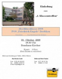 Einladung zum  2.Klassentreffen Abschlussklasse 1989