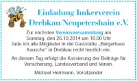 Einladung Imkerverein Drebkau/Neupetershain e.V. zur Vereinsversammlung