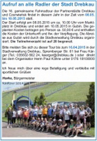 16. gemeinsame Fahrradtour der Partnerstädte Drebkau und Czerwień,sk