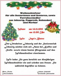 Weihnachtsfeier der Seniorinnen und Senioren, sowie Vorruheständler aus Jehserig, Papproth, Rehnsdorf und Merkur