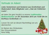 Weihnachtsfeier der Seniorinnen und Senioren des Ortsteiles Greifenhain und Radensdorf