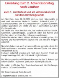 Erstes Lichterfest in Leuthen und 20. Adventskonzert der Kirchengemeinde Leuthen/Schorbus