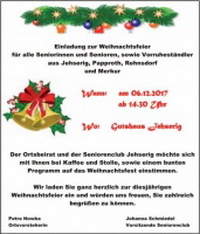 Einladung zur Weihnachtsfeier für alle Seniorinnen und Senioren, sowie Vorruheständler aus Jehserig, Papproth, Rehnsdorf und Merkur