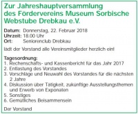Jahreshauptvers. Seniorenclub Drebkau, Förderverein „Museum Sorbische Webstube Drebkau e.V.”