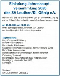 Einladung Jahreshauptversammlung 2020 des SV Leuthen/Kl. Oßnig e.V.