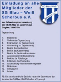 Einladung an alle Mitglieder der SG Blau – Weiß Schorbus e.V.