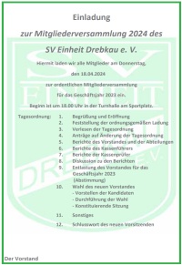 Einladung zur Mitgliederversammlung 2024 des SV Einheit Drebkau e. V.