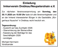 Einladung Imkerverein Drebkau/Neupetershain e.V