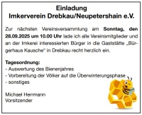 Einladung Imkerverein Drebkau/Neupetershain e.V.