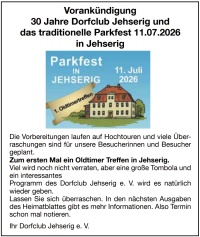 Vorankündigung 30 Jahre Dorfclub Jehserig und das traditionelle Parkfest